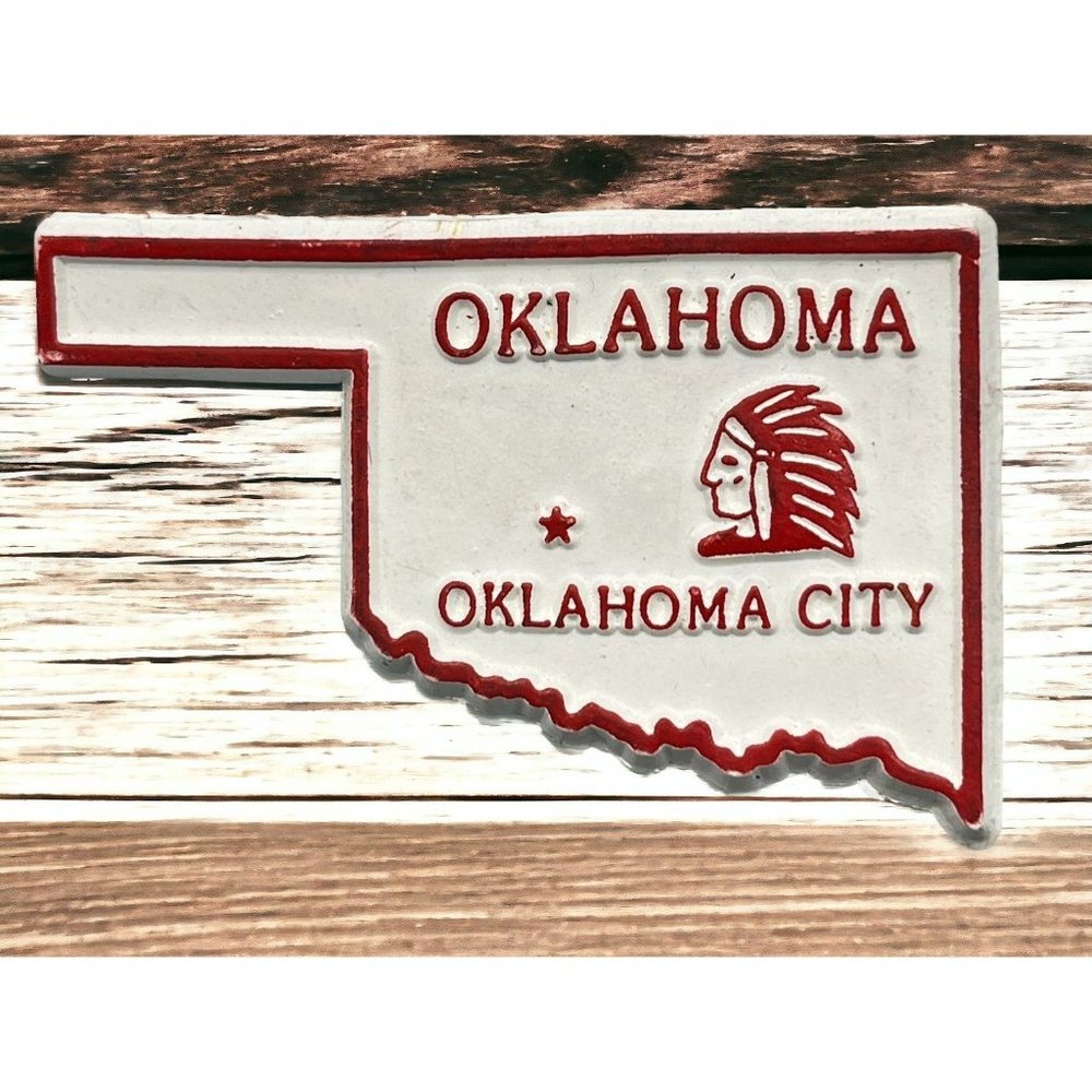 Oklahoma State Outline Refrigerator Magnet Vintage Red White Oklahoma City
